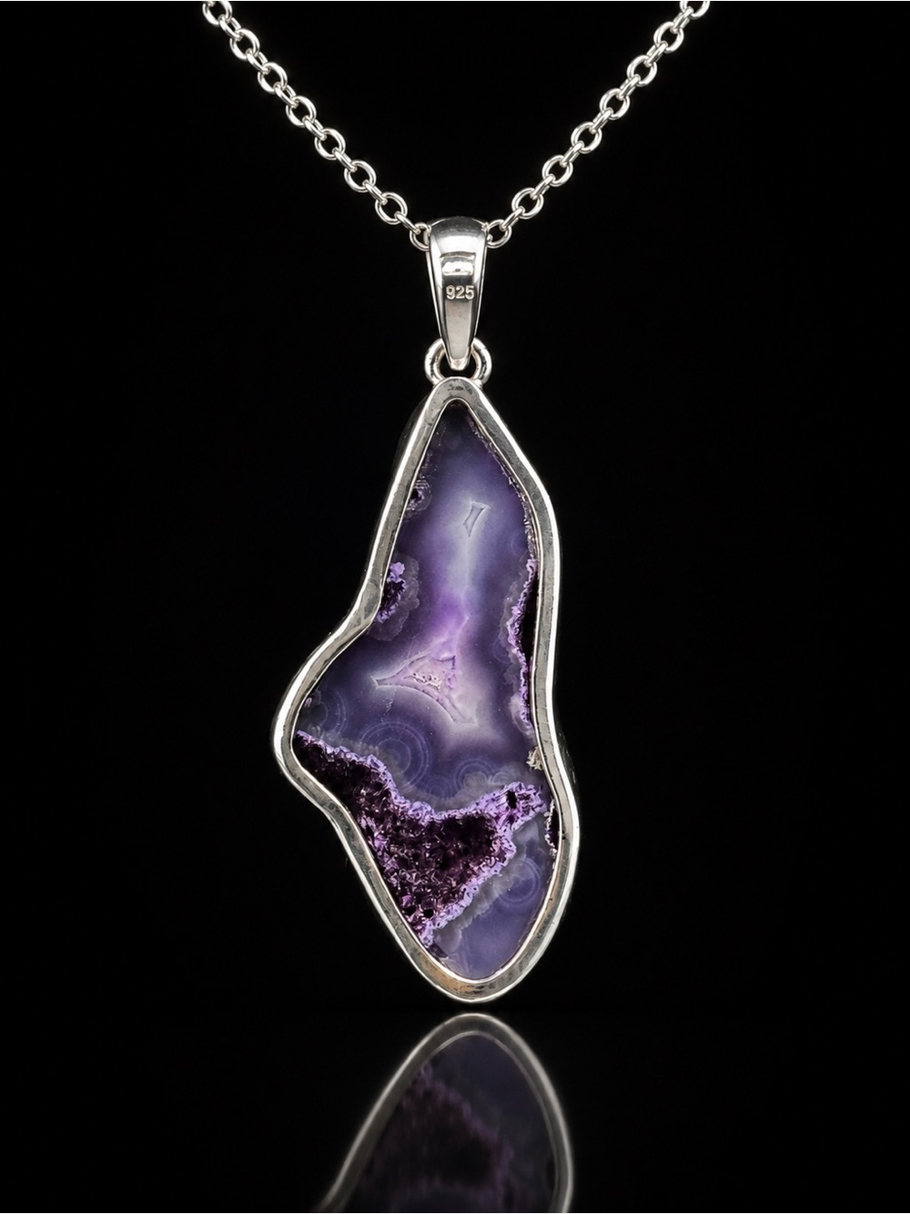 Sterling .925 Silver Purple Agate Slice Pendant w/Stainless Steel Necklace